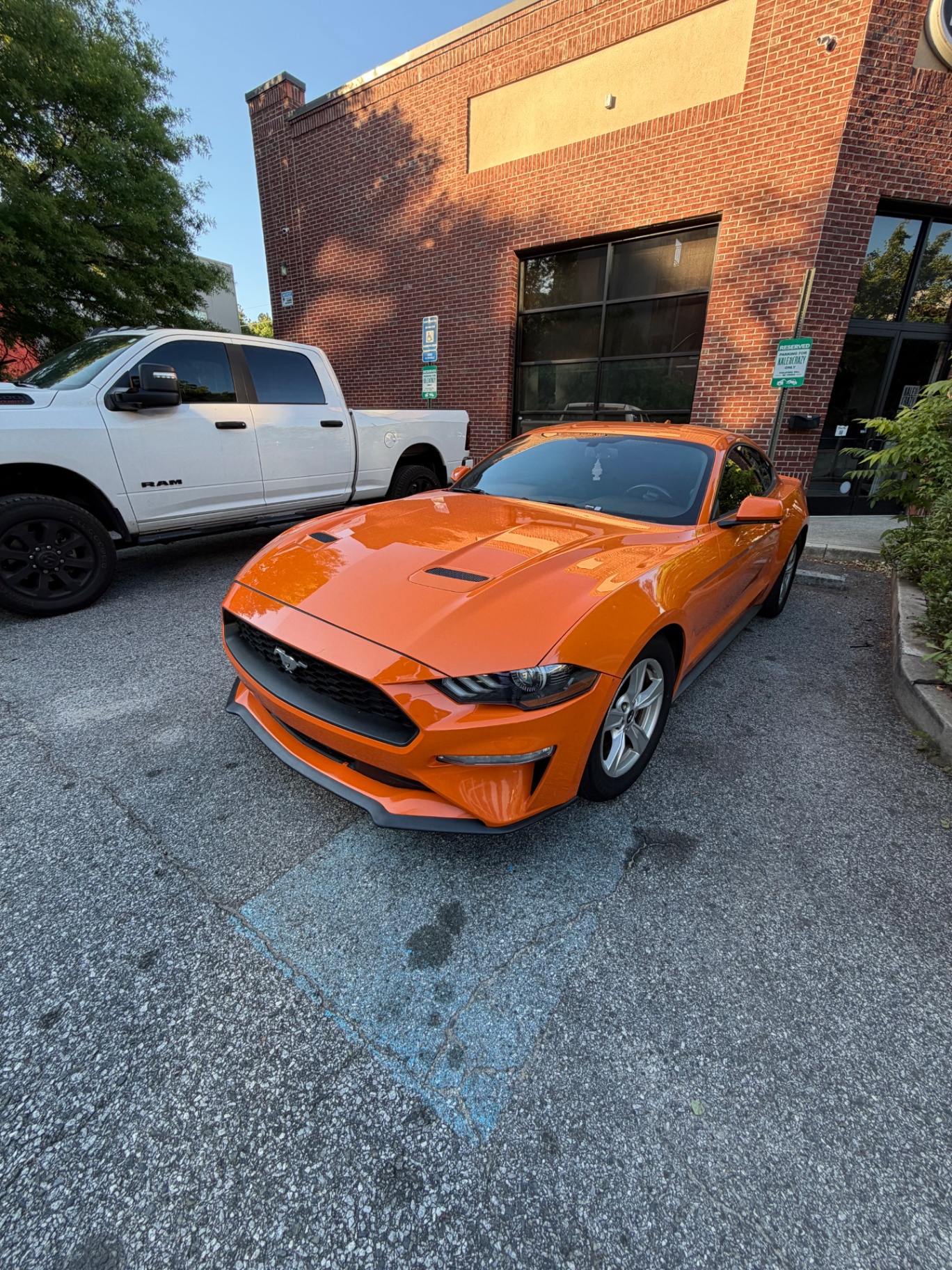 Wide angle of freshly detailed orange Ford Mustang